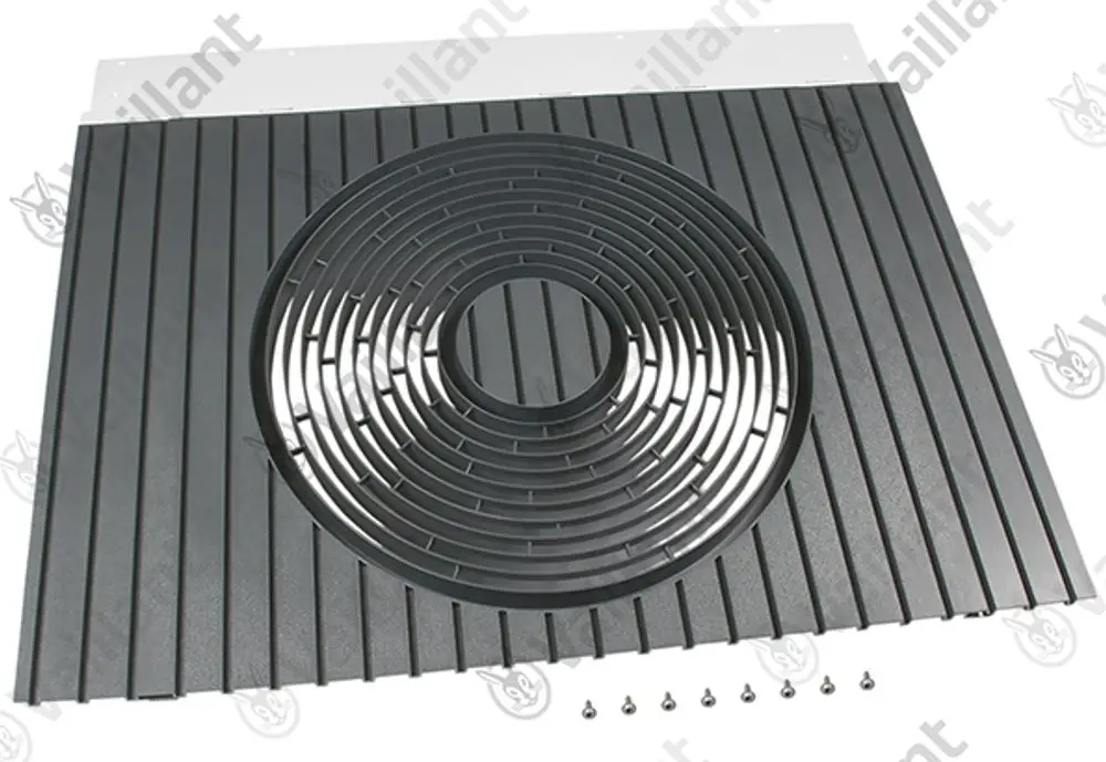 Vaillant Gitter mit kreisförmiger Struktur und gerillter Oberfläche auf schwarzem Hintergrund, umgeben von Schrauben zur Befestigung.